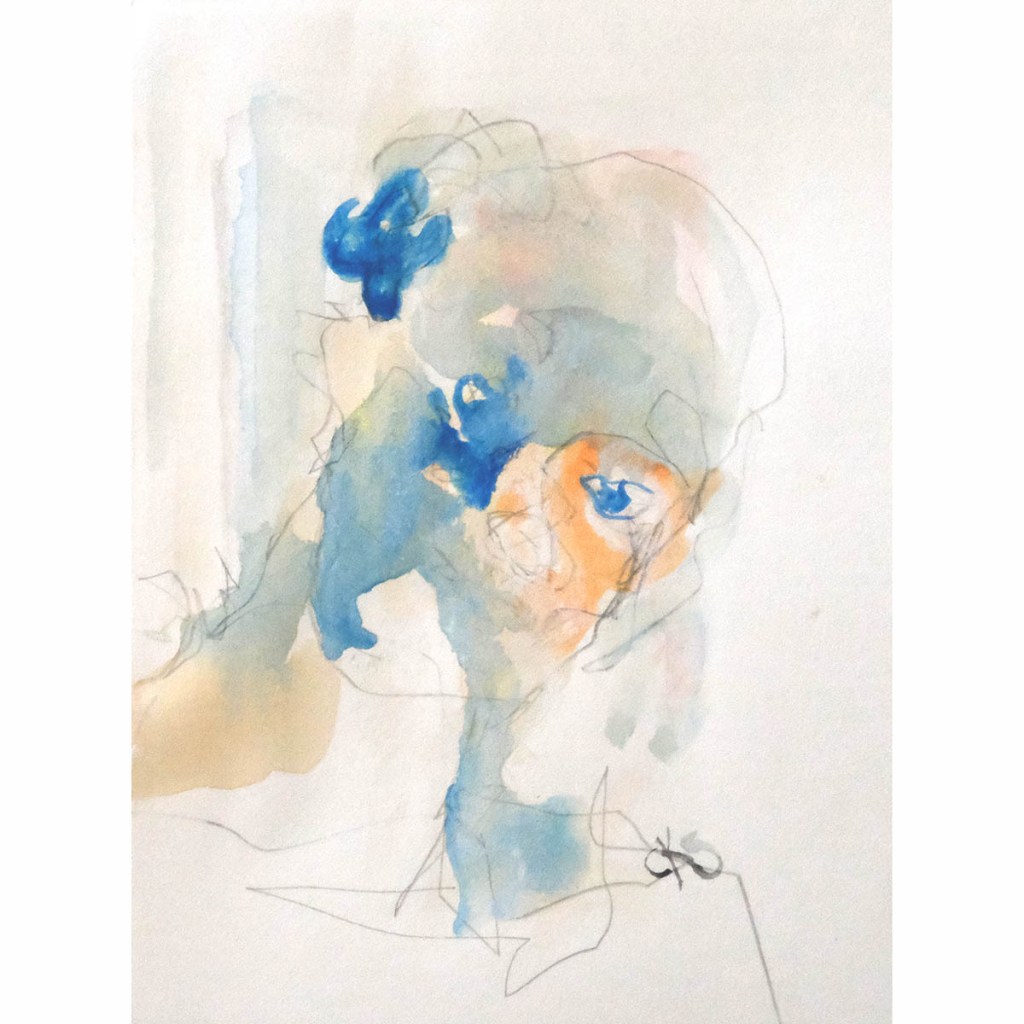 small single abstract portrait sketch using ink and graphite. the head position is tilted to the right when facing the painting and the head is looking directly out. the main color is blue and orange with a white background