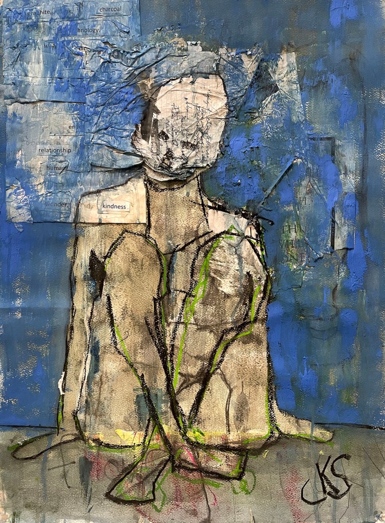 An abstract mixed media artwork featuring a seated figure with a blank face, surrounded by expressive blue backgrounds and layers of text and paint, evoking themes of emotion and human connection.