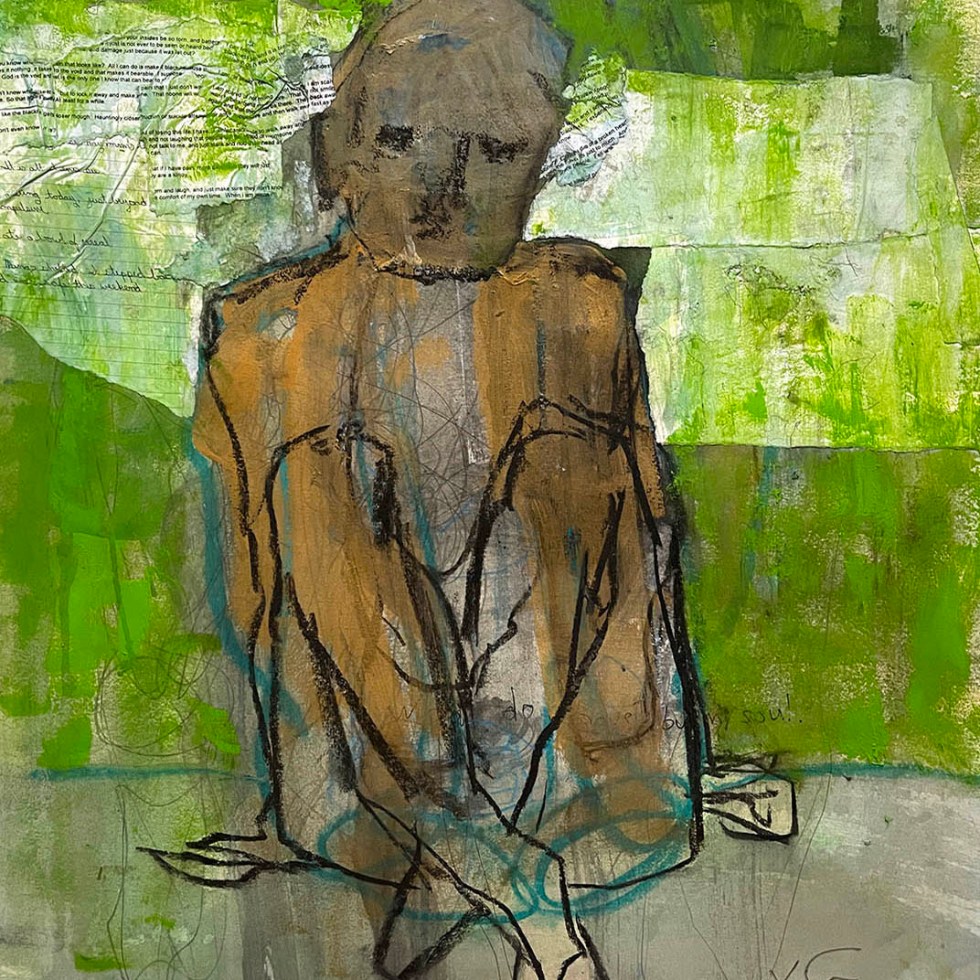 seated abstract figure mixed media and collage neutral tone figure with green and white background