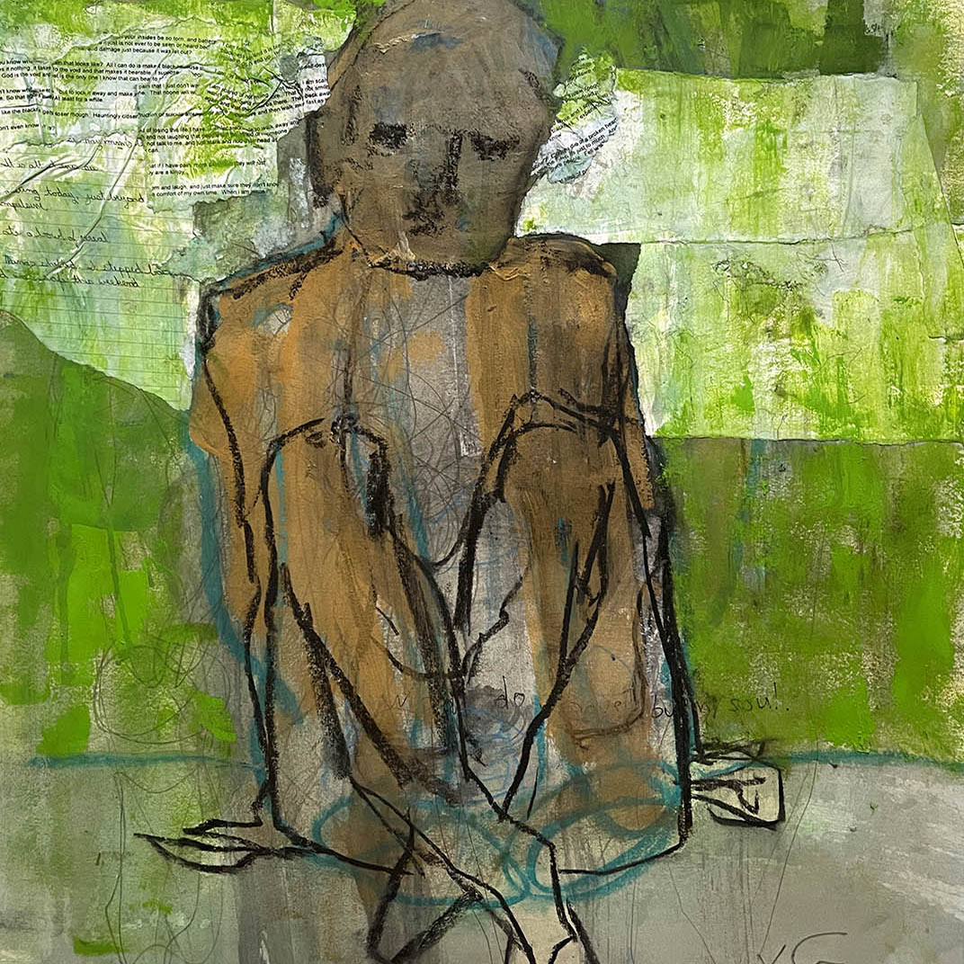 seated abstract figure mixed media and collage neutral tone figure with green and white background