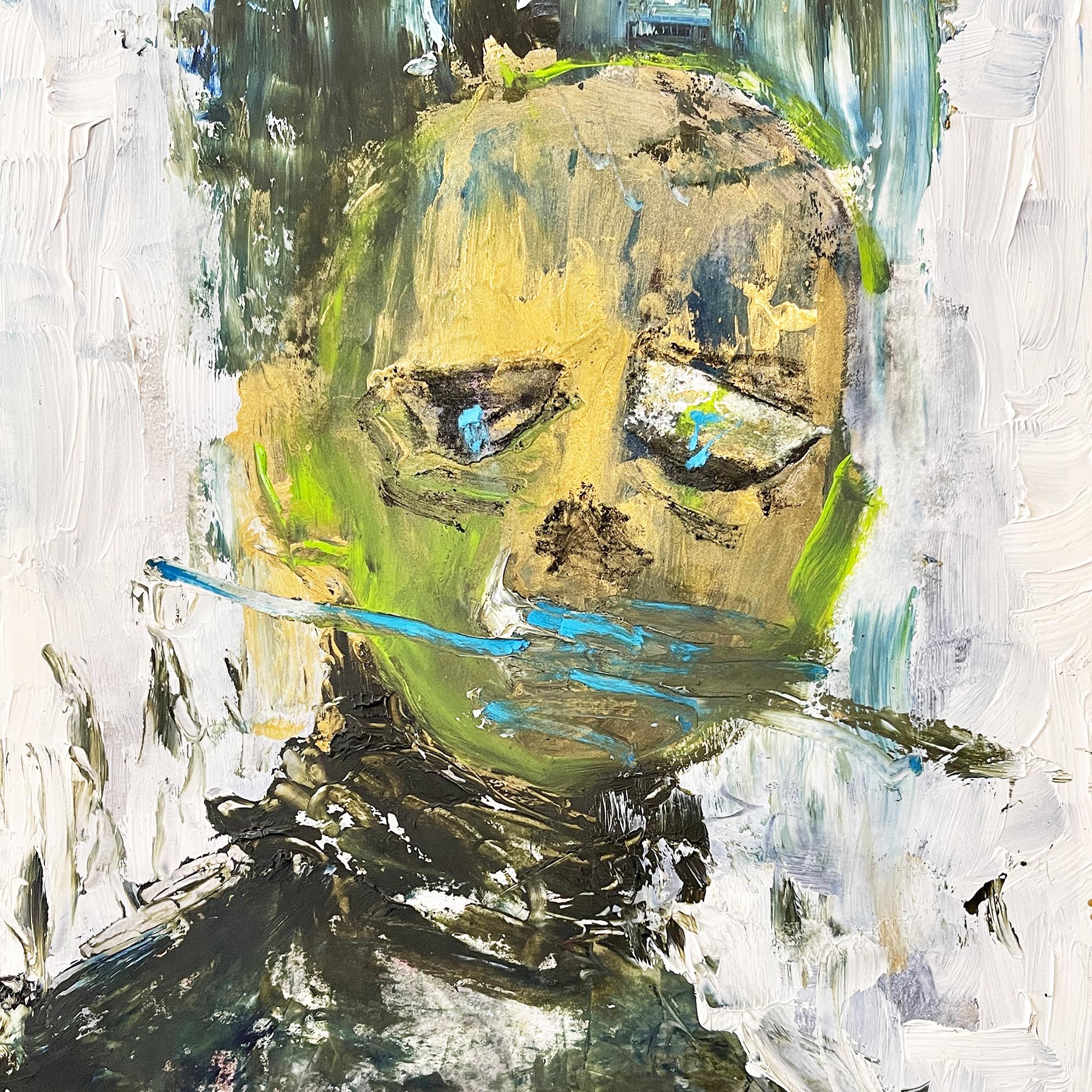 abstract portrait mixed media painting, yellow gold with blue eyes and black turtleneck shirt on a white and green background, textured paint
