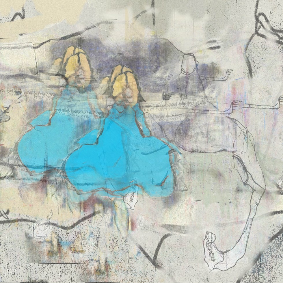 blue and cream abstract figure painting textured multiple dancing figures