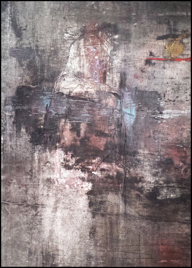 abstracted vertical single figure painting with textures of charcoal paint and sanded paper, predominately black with blue and red