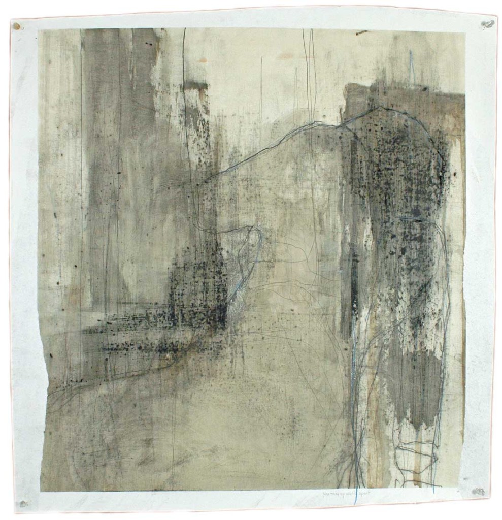You Take My Breath Away is a square abstracted single figure seated turned away when facing the painting. the background is cream beige with thin black ink washes. The figure is outlined in black