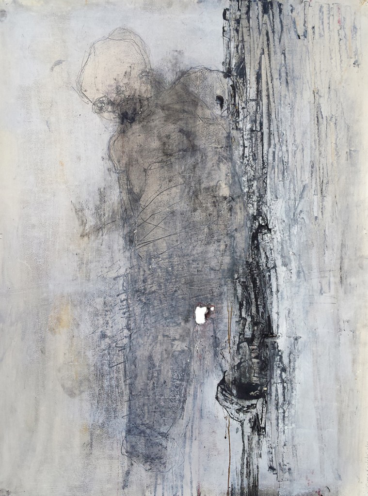 I Pray on Dirty Knees is a single vertical abstracted figure on their knees. the background is cream grey and the figure is mainly black. there is jagged thick black line vertical on the right side facing painting slightly in back of figure.