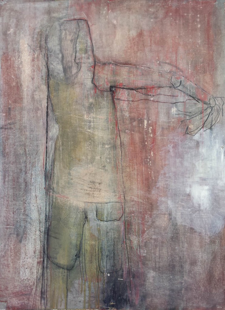 Rainmakers Dance is an abstract single standing figure standing on one leg with the other bent. the arms are outstretched backwards, the background is mainly red grey and some white on right side of painting. the body of the figure is wearing a short yellow sleeveless dress and the head looks obscured with clothe draped over the head